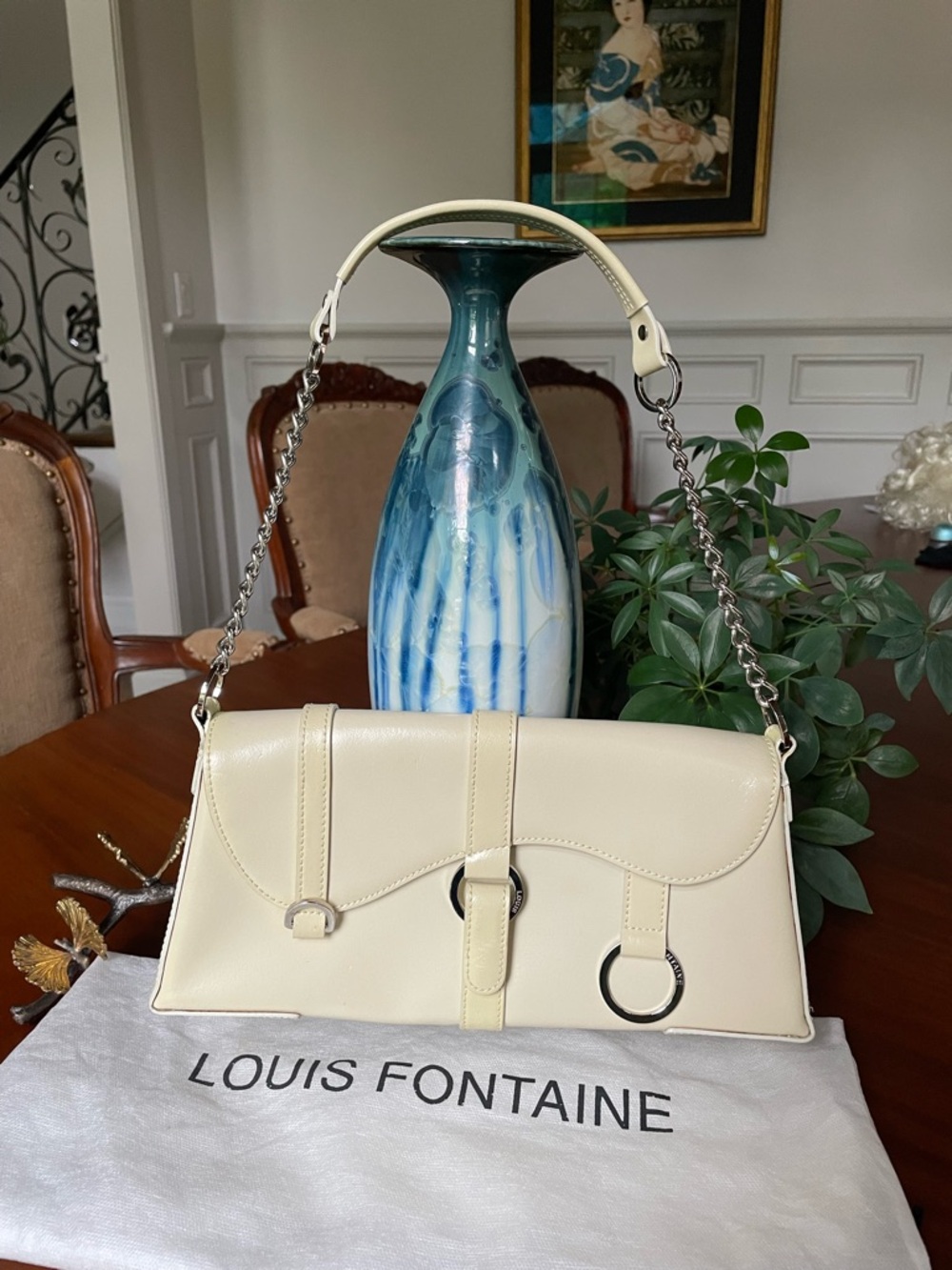 LOUIS FONTAINE Cream Leather Shoulder Bag with Chain Strap